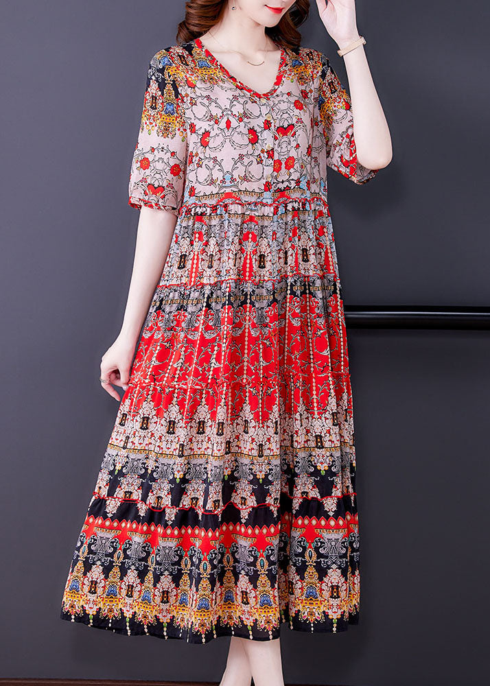 Red V Neck Print Draping Chiffon Long Dresses Short Sleeve Summer