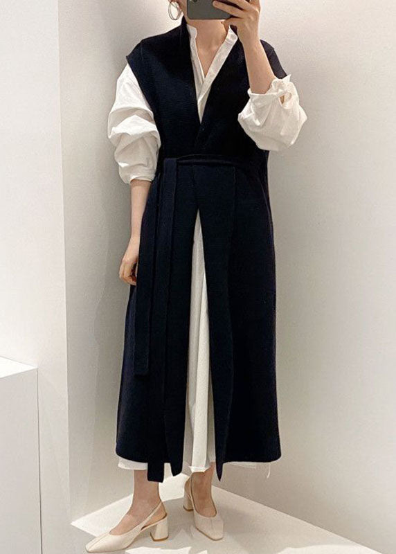 Classy Navy Oversized Original Design Knit Vest and Shirt Two Piece Set Outfits Spring