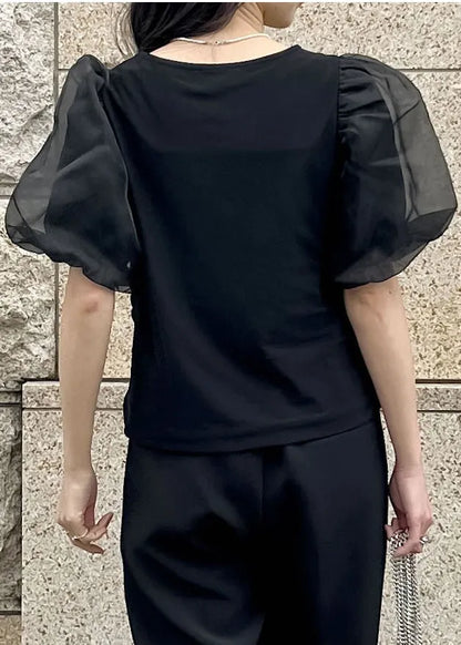 Black Puff Sleeve Wrinkled Cotton Tanks