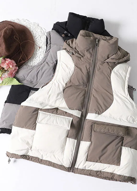 Diy Beige Zip Up Patchwork Sleeveless Duck Down Vest