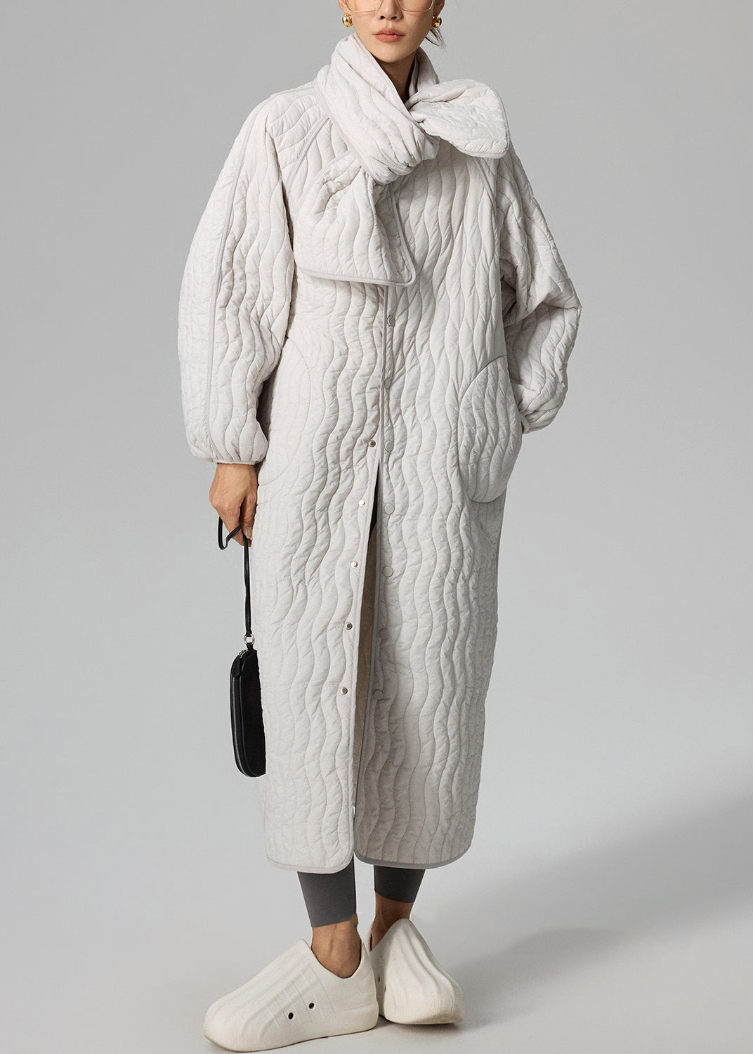 Loose Light Grey Button Scarf and Long Parka Cotton Filled Two Pieces Set Winter