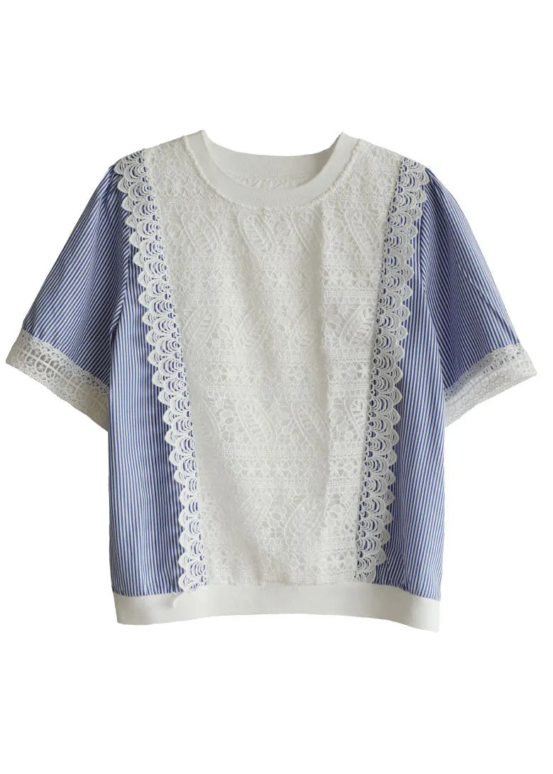 Colorblock O-neck Patchwork Striped Lace Shirt Short Sleeve