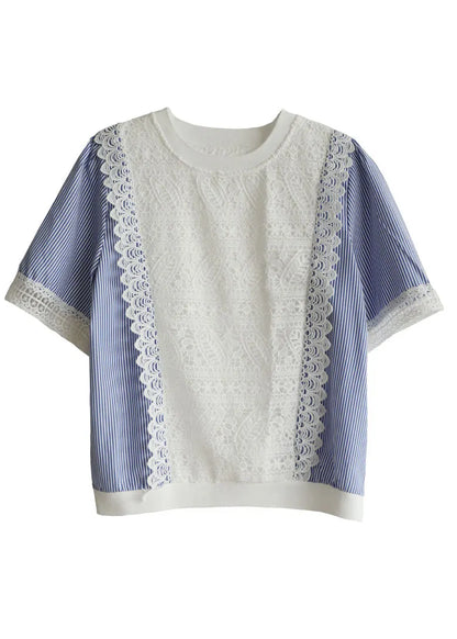 Colorblock O-neck Patchwork Striped Lace Shirt Short Sleeve