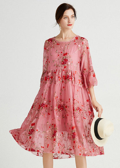 Pink O-neck Embroideried Lace Dresses Two Piece Set Summer