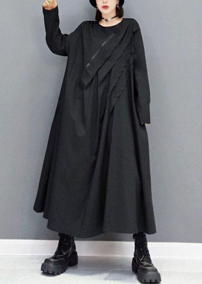 Black O-neck Pockets Robe Dresses Fall Long Sleeve