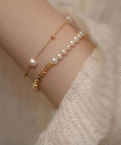 Stylish Gold Copper Overgild Pearl Crushed and Silver Tassel Two Piece Set Charm Bracelet