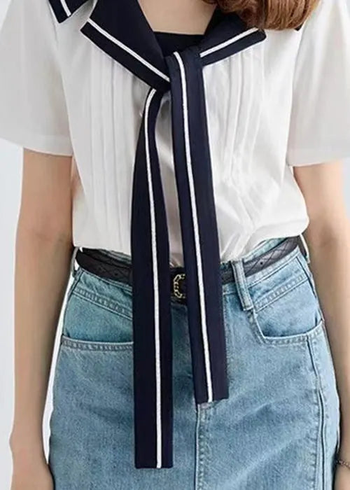 Art White Sailor Collar Lace Up Cotton Blouse Summer