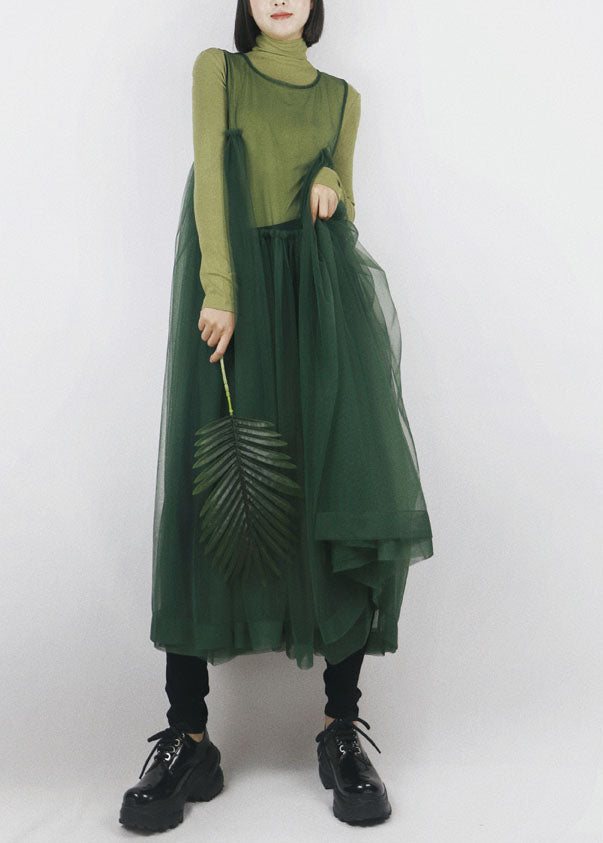 Blackish Green Tulle Long Dress Asymmetrical Exra Large Hem Sleeveless Spring