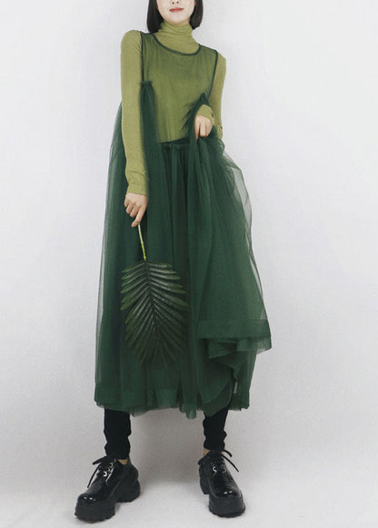 Blackish Green Tulle Long Dress Asymmetrical Exra Large Hem Sleeveless Spring
