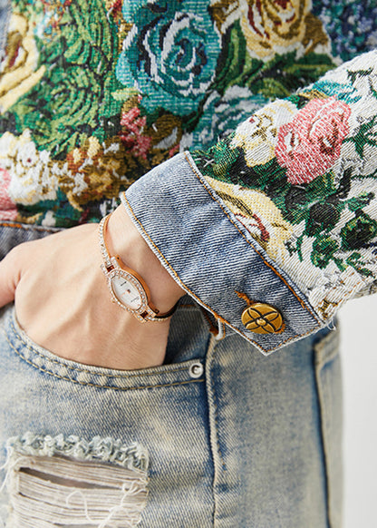 Italian Light Blue O-neck Print Denim Coats Fall