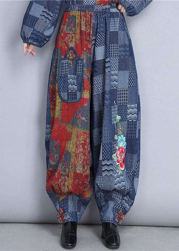 Blue Embroidered Pockets Patchwork Cotton Pants Spring