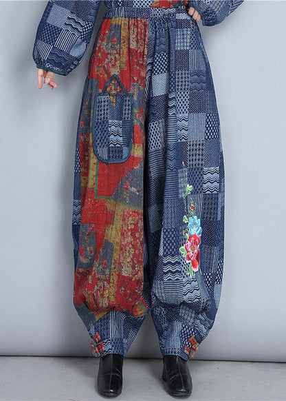 Blue Embroidered Pockets Patchwork Cotton Pants Spring