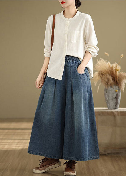 Unique Navy Elastic Waist Wrinkled Denim Wide Leg Pants Summer