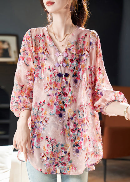 Pink V Neck Print Chiffon Blouse Tops Bracelet Sleeve