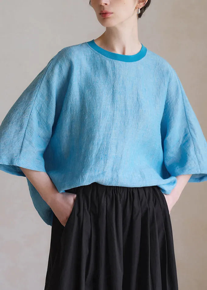 Blue O Neck Linen Shirt Half Sleeve