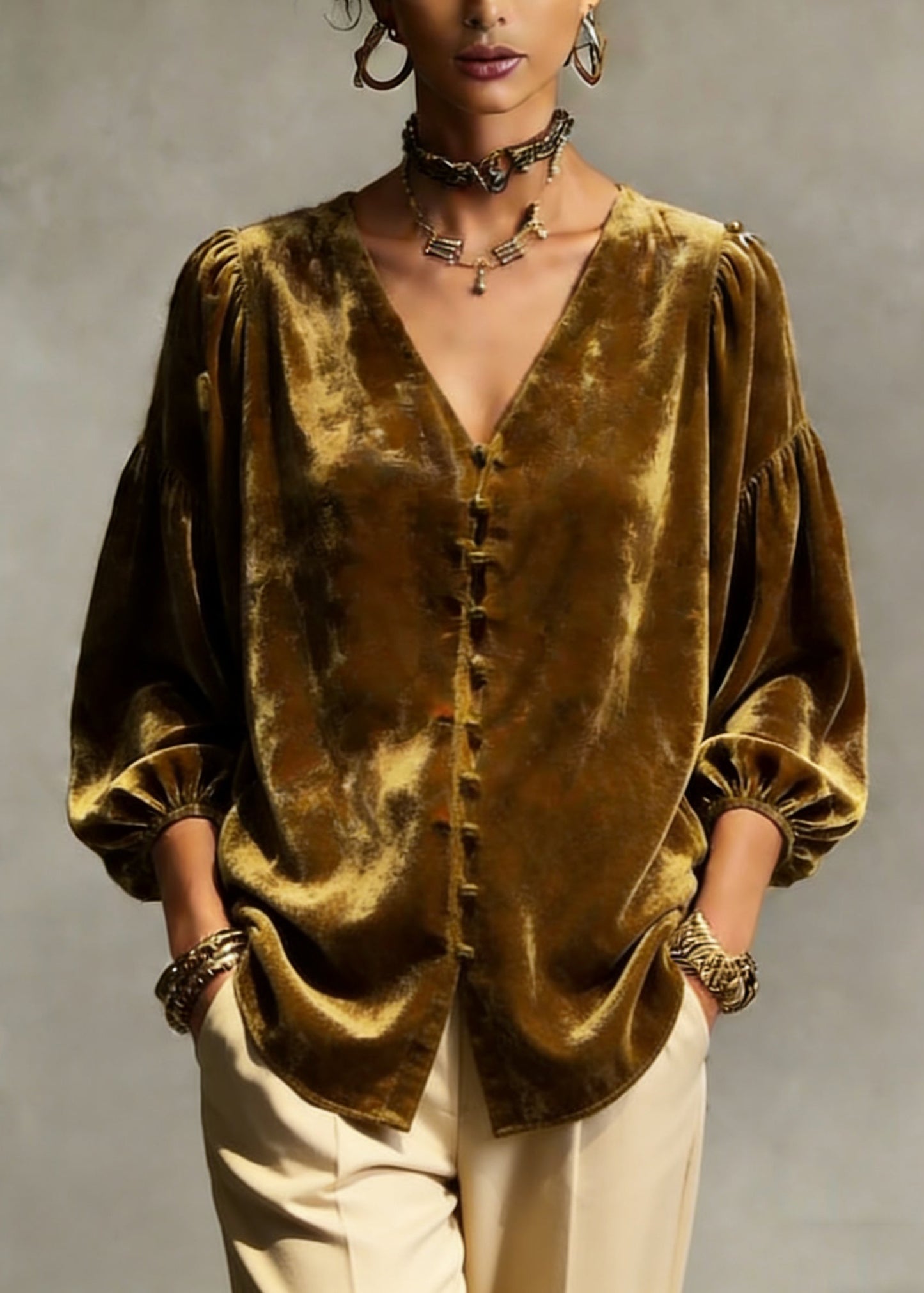 Retro Gold Yellow V Neck Patchwork Top Lantern Sleeve