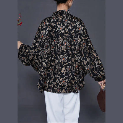 Black Print Chiffon Blouses Peter Pan Collar Summer