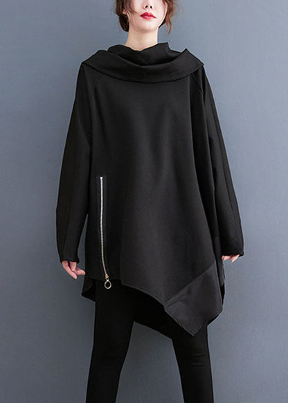 Black Turtle Neck Asymmetrical Patchwork Sweatshirts Fall