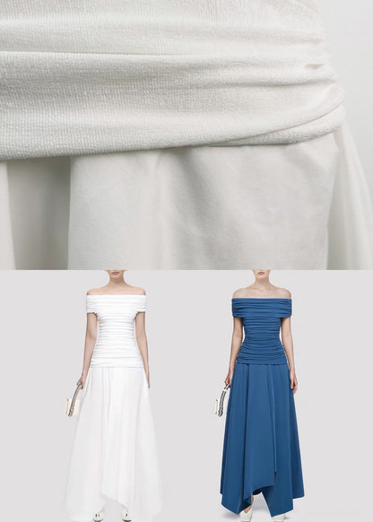Original White Slash Neck Wrinkled Knitting Cotton Long Dress Summer
