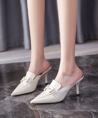 Pointed Toe Stiletto Beige Faux Leather Slide Sandals