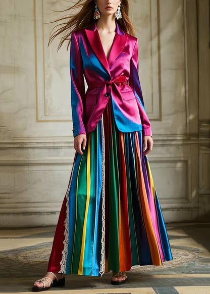Polychrome Striped Patchwork Lace Silk Pleated Skirt Spring