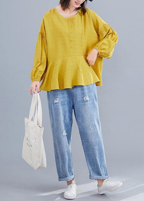Light Green Asymmetrical Design Long Sleeve Cotton Linen Summer Blouses