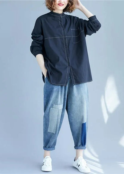 French Black Turn-down Collar Button Shirts