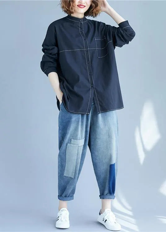 French Black Turn-down Collar Button Shirts