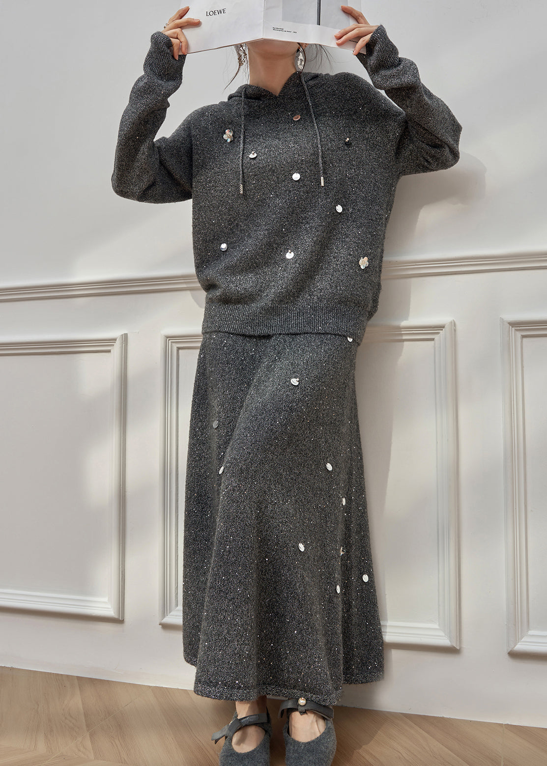 Dark Gray Hooded Sequins Knit Two Pieces Set Winter