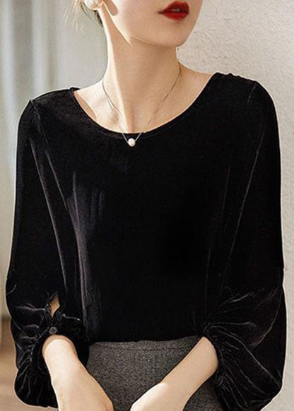 Italian Black O-neck Velour Loose Tops Lantern Sleeve