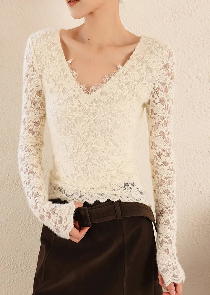 Boutique Beige V Neck Silm Fit Lace Top Spring