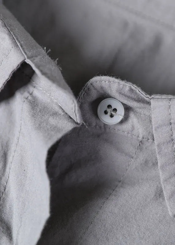 Grey Oversized Pockets Color Cotton Shirts Short Sleeve