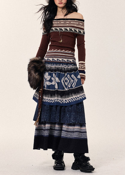 Style Navy Layered Patchwork Linen Skirt Spring