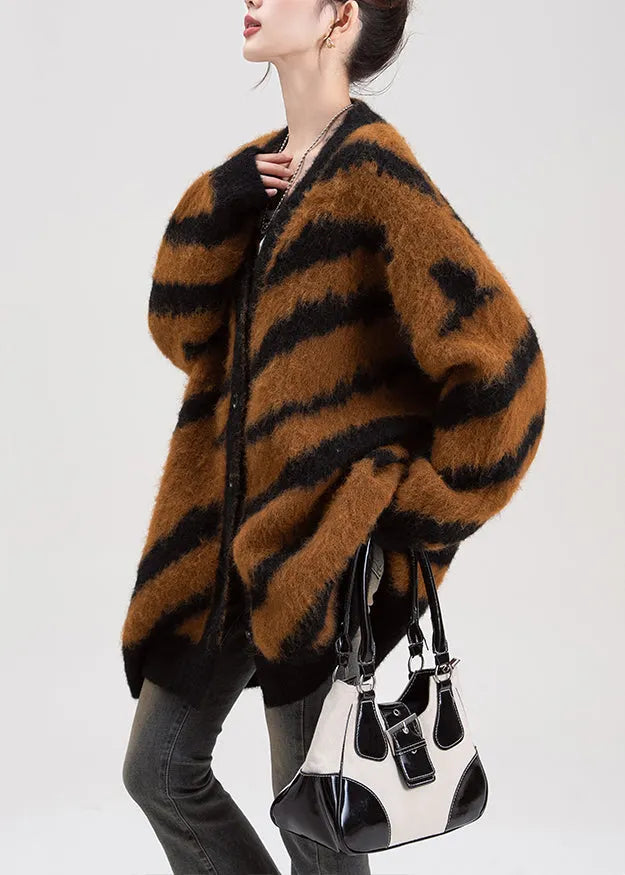 Coffee V Neck Striped Button Knit Cardigans Spring