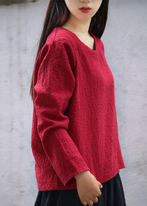 Mulberry O-neck Jacquard Linen Tops Long Sleeve