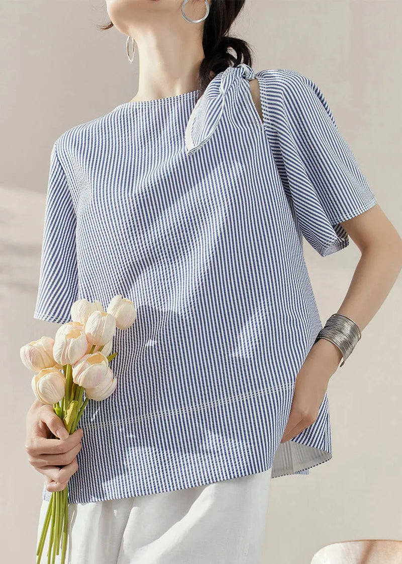 Natural Blue O-neck Striped Bow Tops Summer