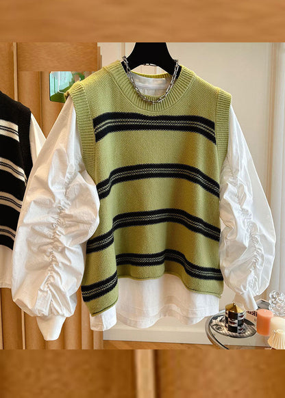 Stylish Black O-neck Striped Patchwork Knit Waistcoat and Shirts Two Pieces Set Long Sleeve