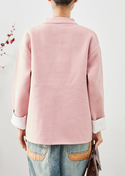 Pink Mandarin Collar Chinese Button Pockets Woolen Coats Fall