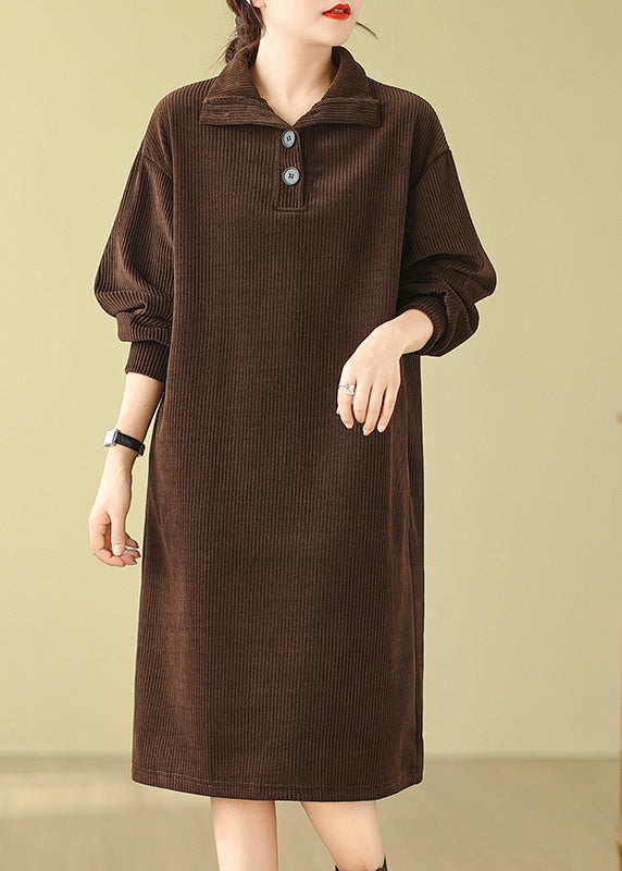 Boutique Coffee Hign Neck Button Corduroy Dress Fall