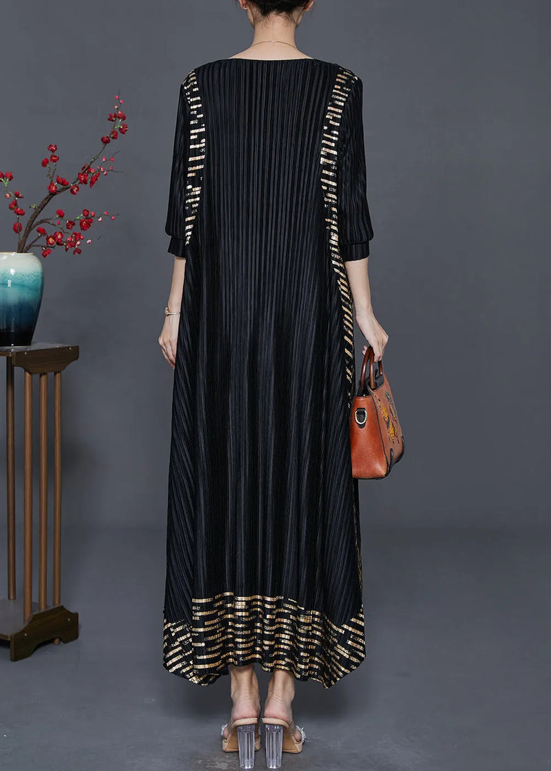Black Oversized Print Wrinkled Silk Holiday Dresses Spring