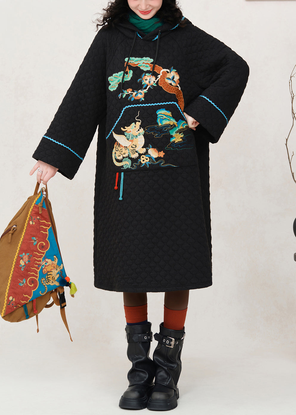 Loose Black Hooded Embroidered Pockets Cotton Filled Dress Spring