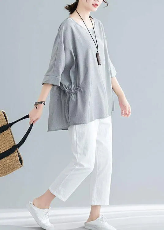 Grey Cinched Cotton Blouse Tops Summer