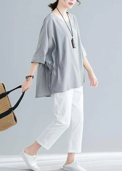 Grey Cinched Cotton Blouse Tops Summer