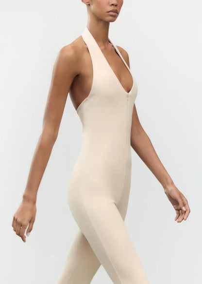 Slim Fit Beige Backless Zippered Cotton Jumpsuit Sleeveless