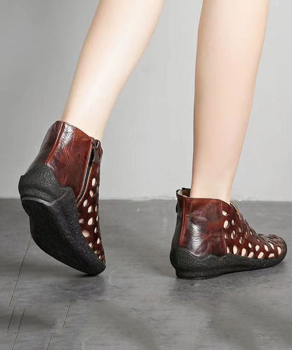 Hollow Out Splicing Wedge Boots Brown Cowhide Leather