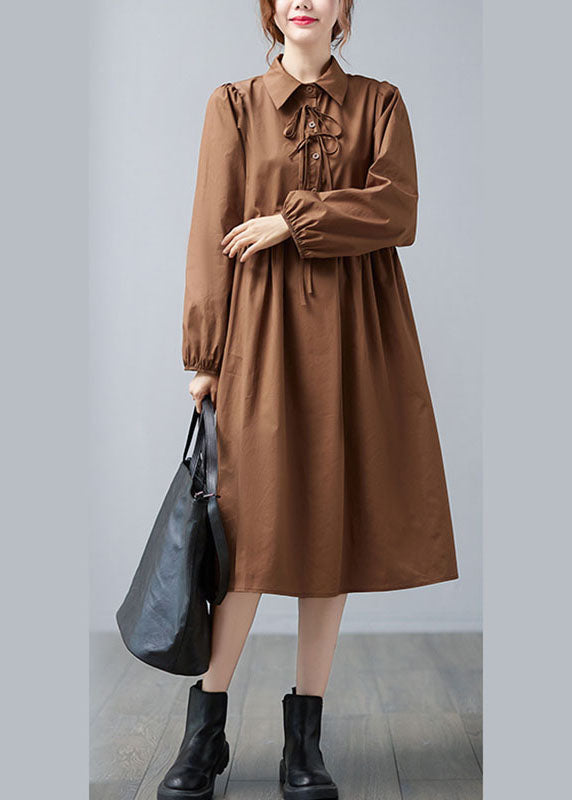 Caramel Peter Pan Collar Patchwork Button Fall Vacation Dresses Long Sleeve