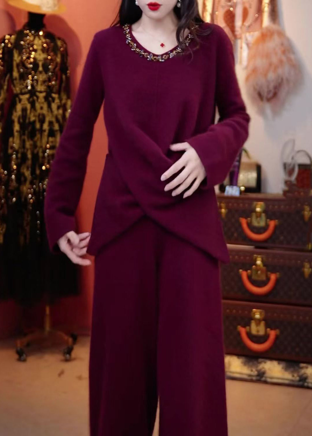 New Purple O Neck Sweaters and Pants Knit Two Pieces Set Winter