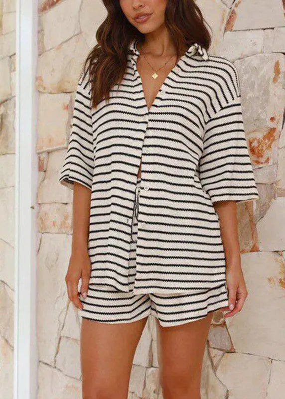 White Striped Peter Pan Collar Shirts and Shorts Two Pieces Set Summer