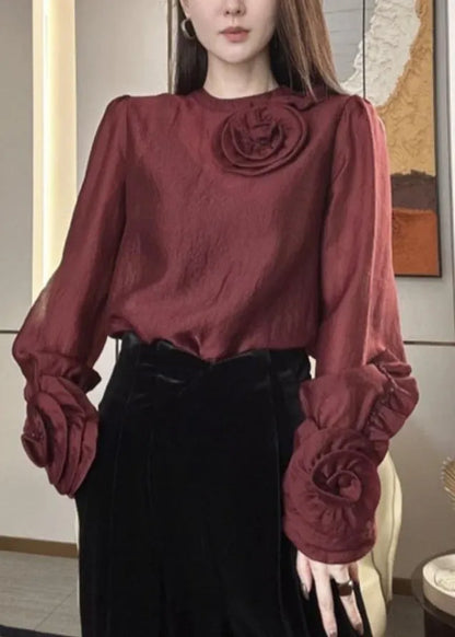French Mulberry O-neck Silk Velour Top Spring
