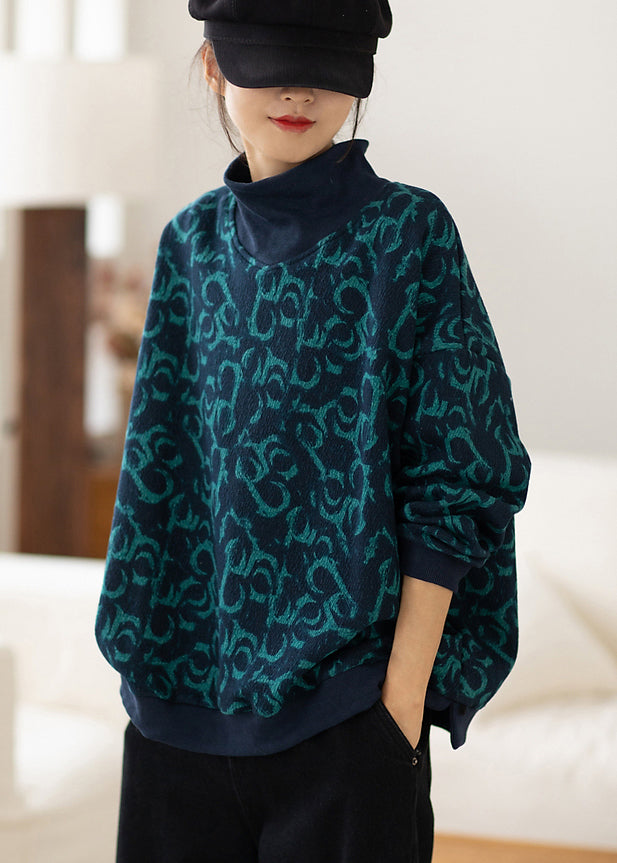 Navy Turtle Neck Print Cotton Sweatshirt Spring